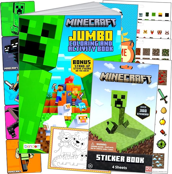 Bendon Minecraft Coloring and Stickers Activity Set with Minecraft Stickers, Coloring Book, Door Hanger, and Thank You Postcard Craft