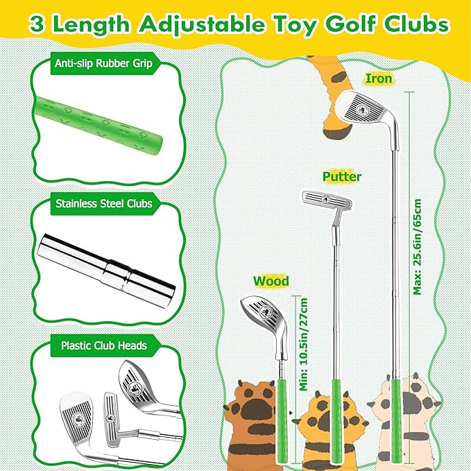 Toddler Golf Set with Tiger Automatic Returner, LED Light Up Balls, 3 Clubs, Putting Mat, BPA-Free 3-8 Years Kids Golf Set Yard Game Indoor Outdoor Sports Toys for Boys Girls Birthday Gifts
