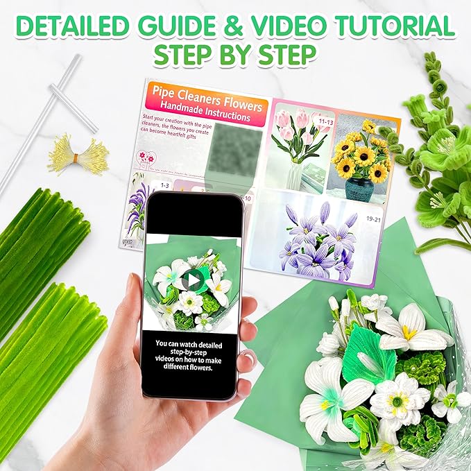 LINAYE 500 PCS Pipe Cleaners Craft, 6 Colors Pipe Cleaners Flowers Kit, Chenille Stems for Crafts with Instruction Wrapping Paper, Flower Stamens, Stems Art and Craft Supplies Green