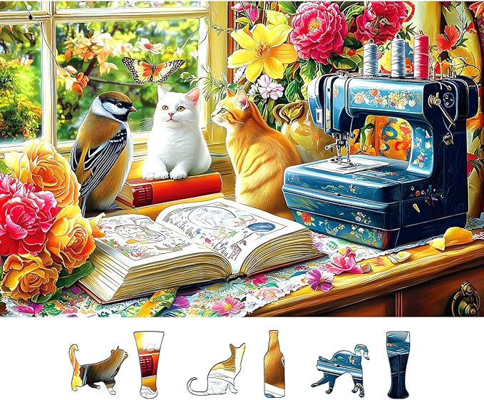 Blueforest 500 Piece Puzzle for Adults, Cozy Sewing Room Jigsaw Puzzle - Cats, Birds & Vintage Sewing Machine, 23x15 Inch Unique Shaped Pieces Art Puzzle