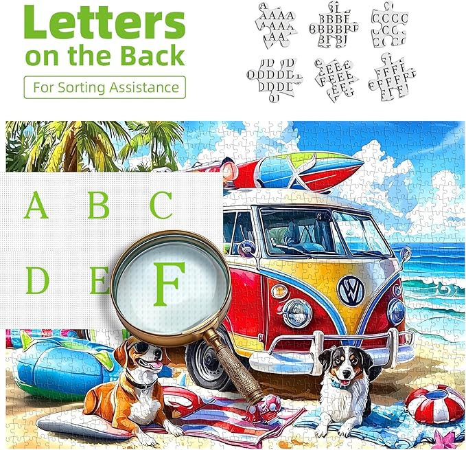1000 Piece Jigsaw Puzzle for Adults, Summer Beach Van with Dogs Theme, 27.56x19.69 Inches, Stress Relief & Home Decor
