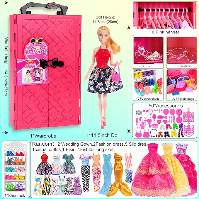ebuddy 105 Pcs Doll and Closet Plyaset- Wardrobe Set Including One Doll,Wardrobe, Shoes Rack, Dress, Shoes Hangers, Necklace