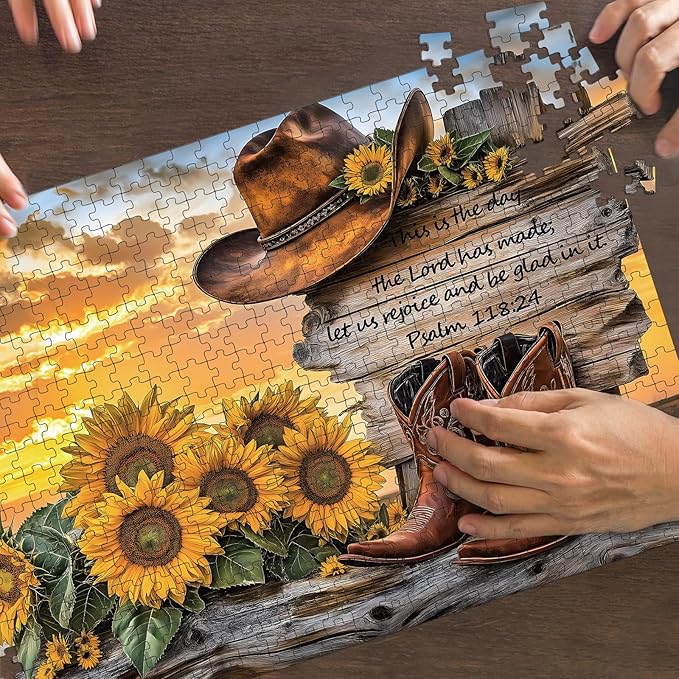 Puzzles for Adults 500 Pieces, Cowboy Hat and Cowboy Boot Jigsaw Puzzles - Sunset Psalm of the West, Impossible Sunflower Puzzles for Seniors Family, 20.47x14.96 inches, 1:1 poster, Letter on the Back