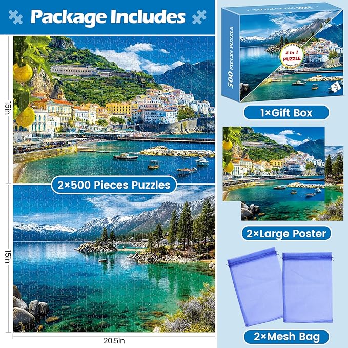 2 Pack 500 Pieces Puzzle for Adults, Summer Amalfi Coast Puzzle 500 Pieces for Adults Teens Seniors, Lake Tahoe Scenery Jigsaw Puzzle Challenging Puzzles for Family Activity Gift