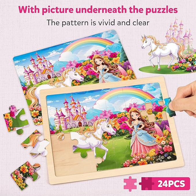 SYNARRY Large Unicorn Princess Fairy Wooden Puzzles for Girls Gift Box(12.2 * 9.4 in), 24 Pcs Puzzles for Kids Ages 4-6, Wood Puzzles for Kids Ages 3-5, Easter Basket Stuffers Gifts for Kids