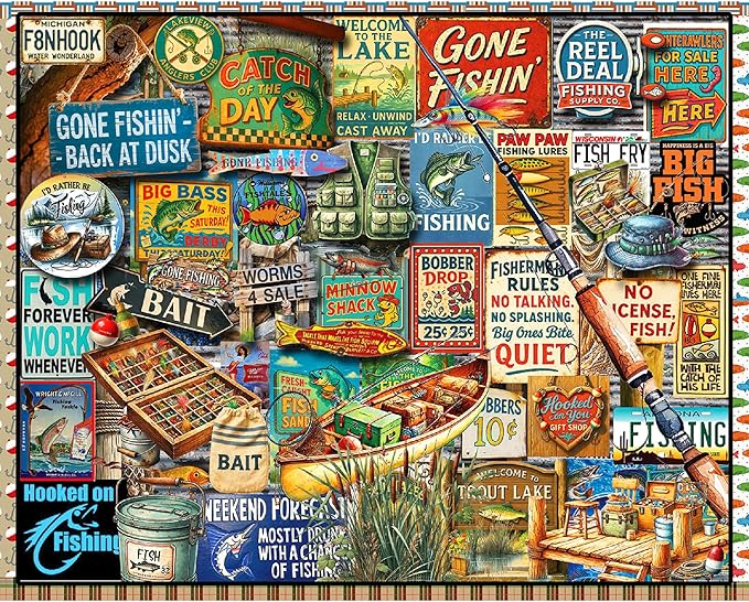 White Mountain 1000 Piece Jigsaw Puzzle Vintage Fish Signs Collage Puzzles with Large Pieces Gift for Adults and Family 24"x30" - I Love Fishing