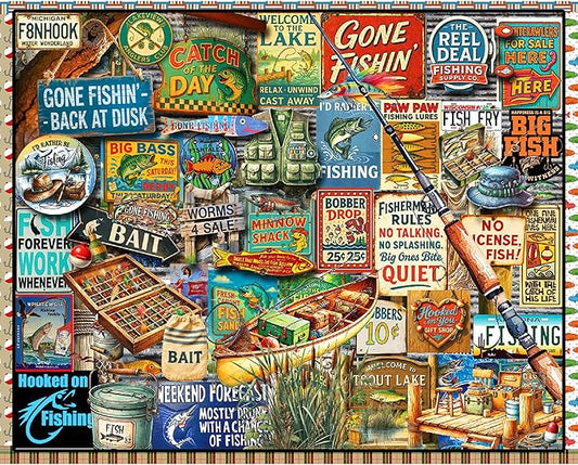 White Mountain 1000 Piece Jigsaw Puzzle Vintage Fish Signs Collage Puzzles with Large Pieces Gift for Adults and Family 24"x30" - I Love Fishing