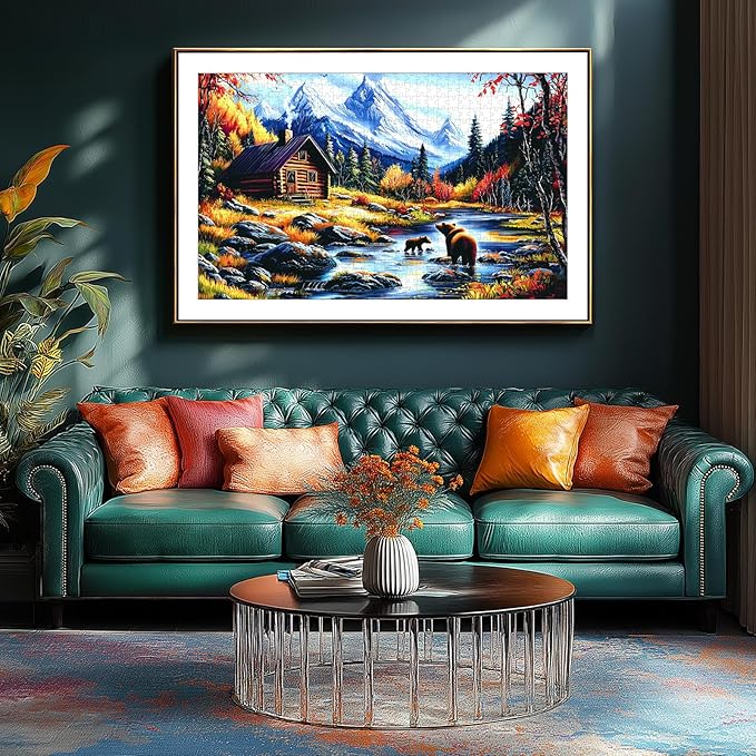 Puzzles for Adults 1000 Pieces, Mountain Escape - Fall Landscape with Bears Cabin & Snow Peaks Jigsaw Puzzle for Adults and Teens Family Challenging for Game Nights (27.5 x 19.7 Inch)