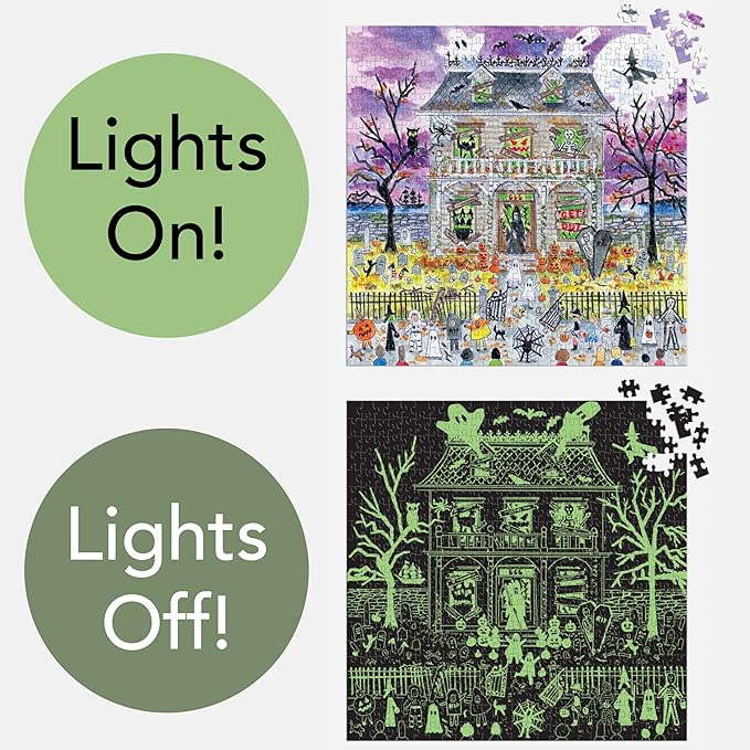 Galison Haunted House – 500 Piece Glow in The Dark Jigsaw Puzzle Featuring Spooky Artwork of A Haunted House