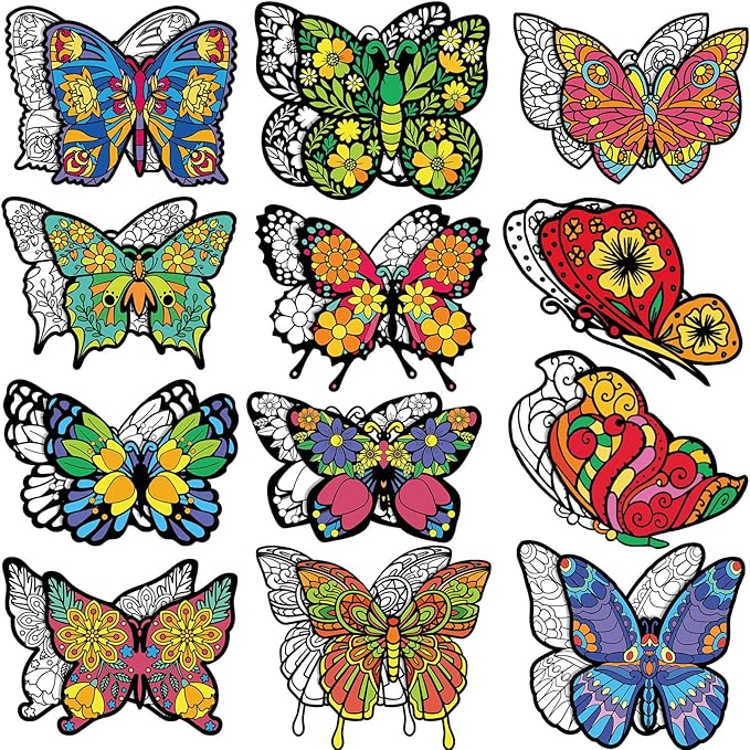 Motipuns 24 Pcs Butterflies Velvet Coloring Fuzzy Posters Color Your Own Velvet Butterflies DIY Posters for Crafts and Arts Family Craft Project Spring Party Accessories and Activities(Fashion Style)