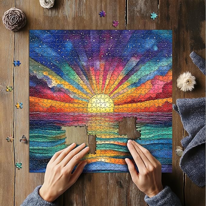 Impossible Puzzle for Adults 1000 Pieces, Ocean Sunset Puzzles with Colorful Rainbow Gradient, Magic Nature Art Jigsaw Puzzle, Challenging Hard Puzzle for Adults