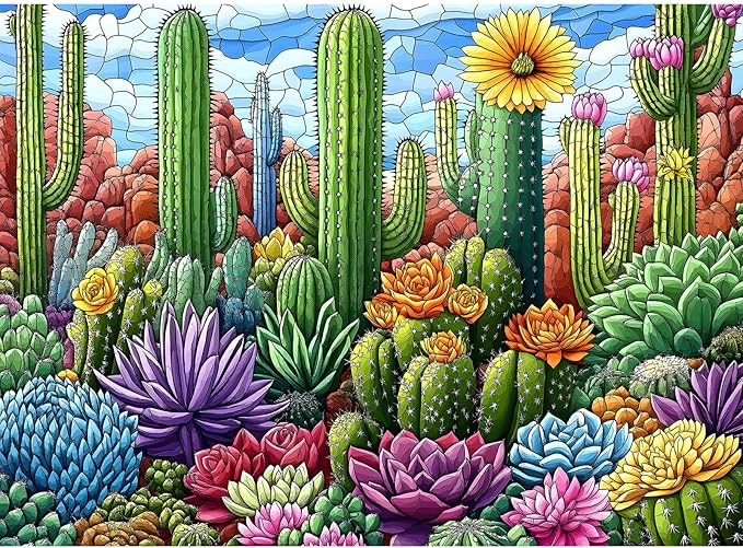 Puzzles for Adults 500 Pieces, Stained Glass Jigsaw Puzzles 500 Pieces - Cactus Garden, Cactus Wall Art Puzzle for Families, Finished Size 20.47 * 14.96”, with 1:1 Poster, Letter on the Back