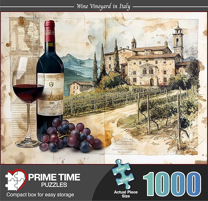 1000 Piece Jigsaw Puzzle for Adults - Wine Vineyard in Italy - A 1945 Bottle and Glass of Wine from Tuscany in Front of Rows of Grape Vines - Challenging Europe Puzzle - 20x27 inch