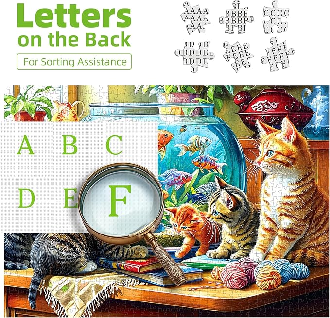 Cat Jigsaw Puzzle for Adults 1000 Piece, Colorful Kittens and Goldfish Bowl Scene, Stress-Relieving Relaxation Activity, 27.58 x 19.69 Inches