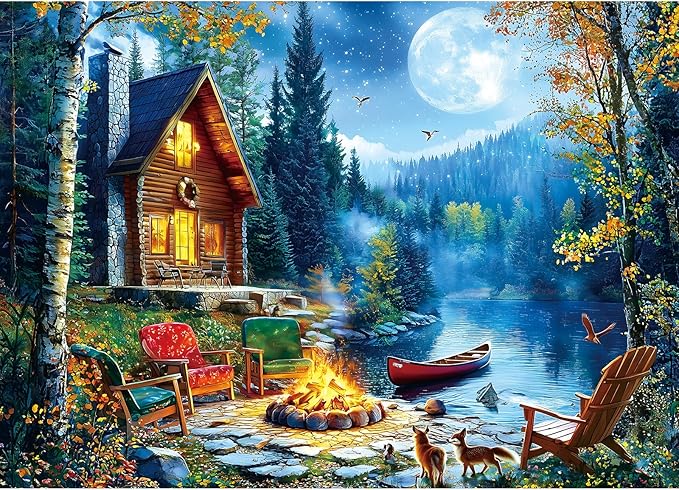 1000 Piece Jigsaw Puzzles for Adults, Moonlit Lakeside Cabin with Bonfire Puzzles for Adults, Impossible Challenging Difficult Puzzle Gift for Adult Jigsaw Puzzle Lovers (27.5"x19.7")