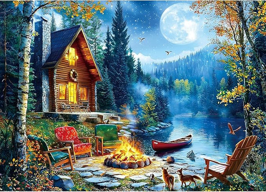 1000 Piece Jigsaw Puzzles for Adults, Moonlit Lakeside Cabin with Bonfire Puzzles for Adults, Impossible Challenging Difficult Puzzle Gift for Adult Jigsaw Puzzle Lovers (27.5"x19.7")