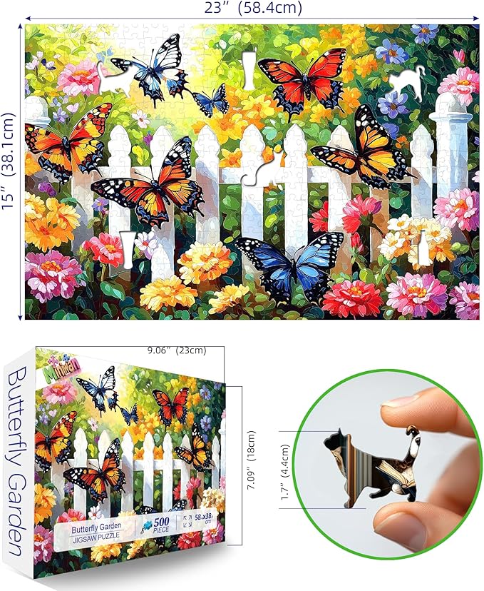 MINIWAN 500 Piece Puzzles for Adults - Vibrant Butterfly Garden Jigsaw Puzzle, 23x15 Inches with Unique Irregular Shaped Pieces for Relaxation & Home Wall Decor
