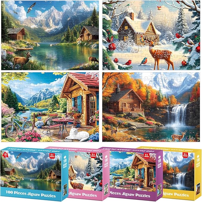 4-Packs 100 Piece Puzzles - Four Seasons Scenery Large Piece Puzzles for Senior Adults Kids Puzzle Ages 5-8 Jigsaw Puzzle for Kids Ages 4-6 6-8 8-10 Year Old Educational Toys for Girls Boys