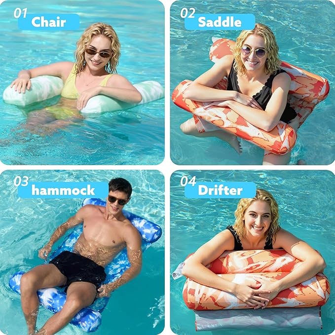 Sloosh 3 Pack 4-in-1 Inflatable Pool Floats - Water Hammock Lounges, Multi-Purpose Swimming Pool Accessories (Saddle, Lounge Chair, Drifter) for Pool, Lake, Outdoor, Beach
