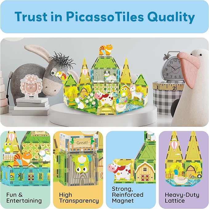 PicassoTiles Magnetic Tiles 8 Character Farm Animal Accessory Add on Set Compatible with Picasso Magnet Tile Playsets Pretend Play Preschool Toy STEM Educational Toys for Learning Kids Ages 3+ PTA27