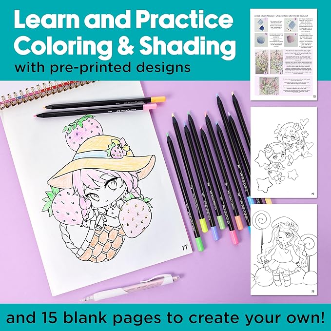 Faber-Castell Anime Drawing Kit: Chibi Edition | Step-by-Step Instruction Book with 20 Practice Pages, Color Pencil Set & Drawing Supplies for Kids, Easter Basket Stuffers (1 Book)