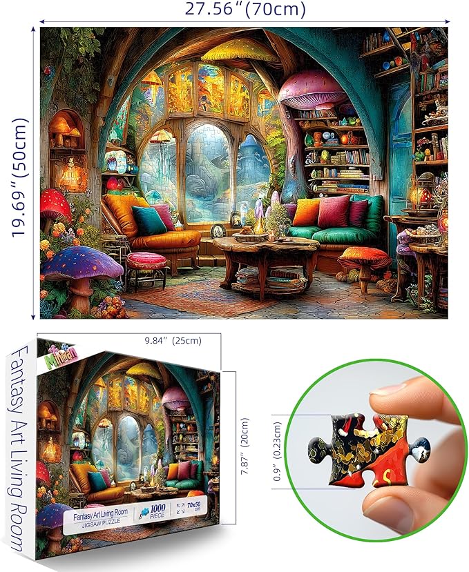 MINIWAN Cozy Dark Cottagecore Mushroom Fairy House Living Room Puzzles for Adults 1000 Pieces, Enchanted Treehouse Interior Jigsaw Puzzle, Gift for Fantasy Cottage Lovers 27.5x19.7 Inch