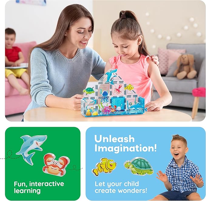 PicassoTiles Magnet Tile Building Blocks 8 Marine Animal Action Figures Compatible Magnetic Accessory Playset Tiles Kids Toys STEM Educational Learning Preschool Toddler Girls Boys Age 3+ PTA25