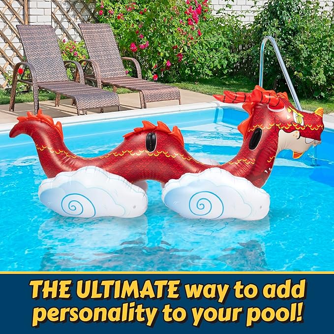 Giant Dragon Pool Float- 2 Person Inflatable Rider Over 7 FT Long w Sturdy Handles- Heavy-Duty PVC XL- Backyard, Beach, Lake, Pool Party Float Toy for Kids Teens, Adults- Outdoor Summer Water Fun Play