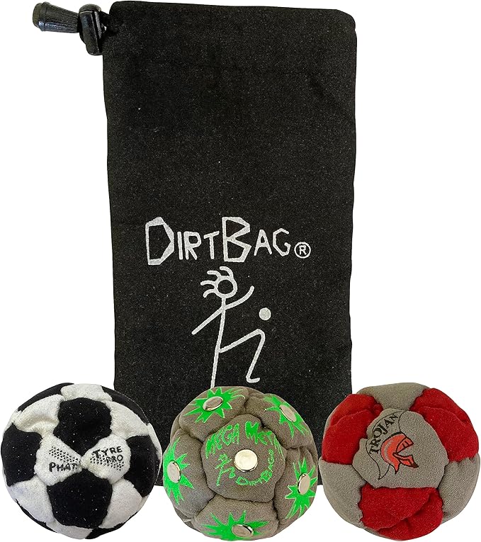 DIRTBAG Lover Footbag 3-Pack with Pouch, Includes Three Original and Unique Premium Quality Hand Sewn Footbags and Carry Pouch.