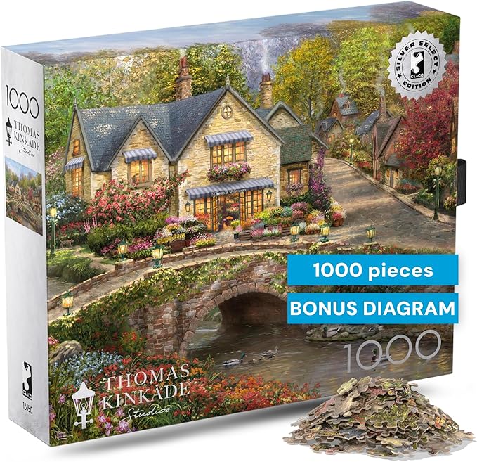 Buffalo Games Thomas Kinkade Summer in Cobblestone Village 1000 Piece Puzzle – Silver Select Premium Jigsaw Puzzle with Foil Accents & Reference Poster