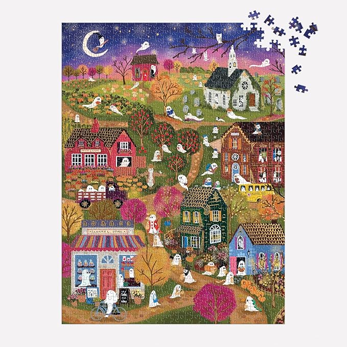 Galison Spooky Village – 1000 Piece Foil Joy Laforme Jigsaw Puzzle Featuring Spooky Artwork of Ghostly Village During Halloween