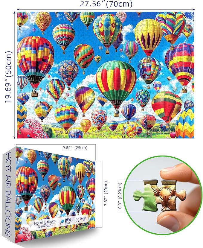 Blueforest 1000 Piece Puzzle for Adults - Hot Air Balloons Vibrant Landscape Jigsaw with Poster, 27.5x19.7 Inches