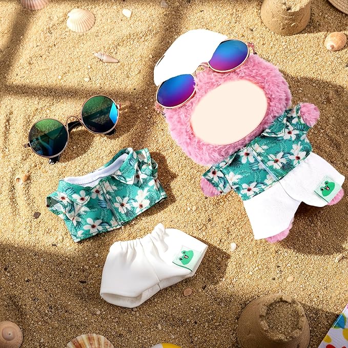 Simgoing 4 Pcs 17cm Dolls Hawaii Outfit Set Summer Floral Shirt Shorts White Vest and Mini Sunglasses Vacation Style Doll Clothes with Accessories Beach Apparel for 17cm Dolls(Gardenias Style)