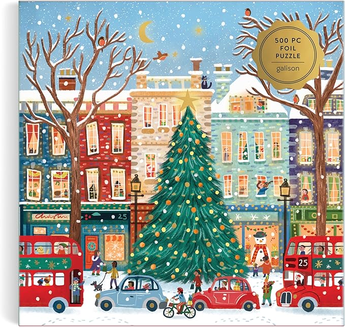 Galison Tinsel City – 500 Piece Foil Jigsaw Puzzle Featuring Charming Artwork of Decorated Christmas Tinsel City Streets