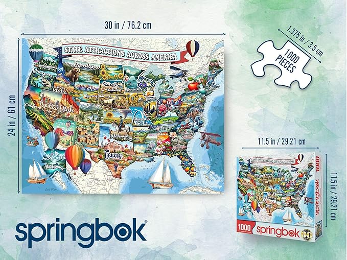 Springbok All American Attractions 1000 Piece Jigsaw Puzzle for Adults - Map of USA - Unique Cut Pieces - Made in USA