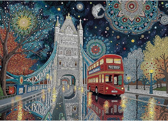 Puzzles for Adults 1000 Pieces, London Tower Bridge City Bus Van Gogh Starry Night, 1000 Piece Puzzle for Adults Seniors, Hard Jigsaw Puzzles with Letters on Back, 1:1 Poster