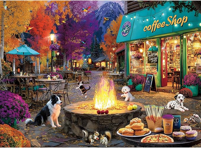 300 Piece Puzzles for Adults Large Piece, Coffee Shop Dog Cat Campfire Jigsaw Puzzle, Funny Gift for Adult Kids, Challenging Puzzle Perfect for Game Nights, 20.5 X 15 in