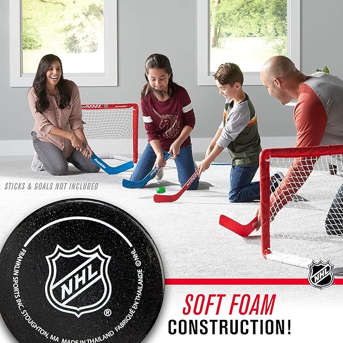 Franklin Sports Mini Foam Hockey Pucks - Indoor Knee Hockey Pucks for Kids - 3 Soft Foam Pack - Assorted Colors