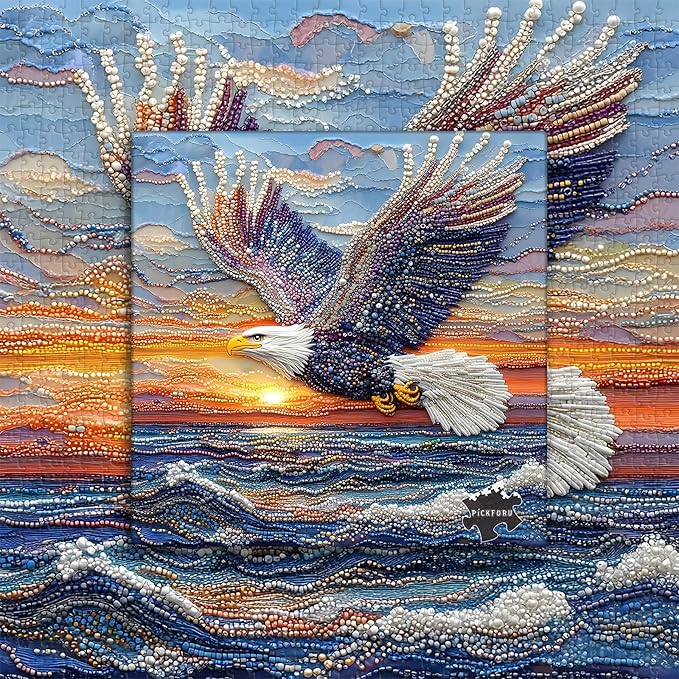 Beaded Eagle Puzzle for Adults 1000 Pieces, Colorful Bald Eagle Over Ocean Puzzles, Unique Jewelry Bird Jigsaw Puzzle Animal Art, Impossible Difficult Hard Challenging Puzzles