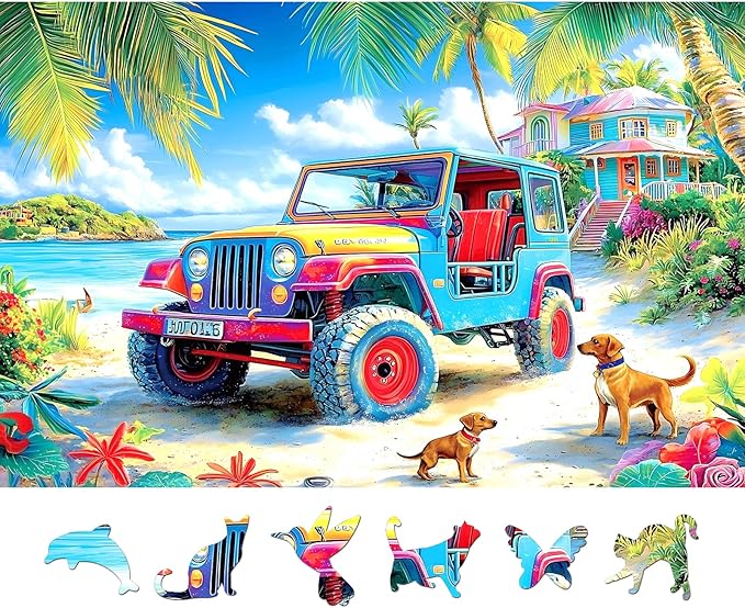 500 Piece Puzzle for Adults, Jigsaw Puzzles with Tropical Beach Jeep Scene, Funny Puzzle, Perfectly Fitting Pieces, Home Decor Birthday Party Gift for Adults Seniors 23x15 Inches