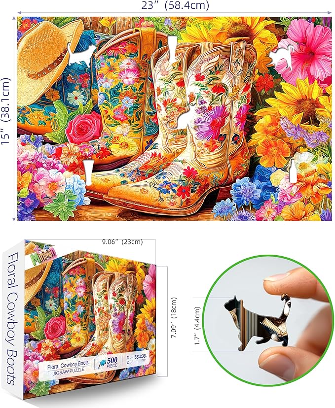 Floral Cowboy Boots 500 Piece Puzzle for Adults, Fun Puzzles for Adults 500 Pieces with HD Print & Poster,23"x15" Dust Free, for Gifts Halloween Christmas Family Games Lovers