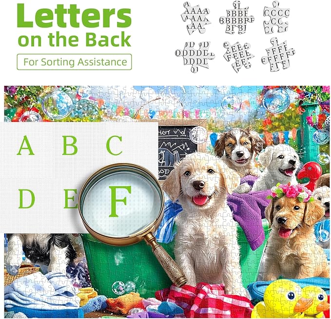 Puppy Laundry Day 500 Piece Jigsaw Puzzle for Adults Fun Colorful Cute Playful Dogs with Bubbles Bath Scene, Seniors & Families Relax Puzzles with Letters on Back, 23x15 Inch