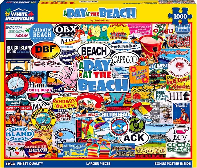 White Mountain 1000 Piece Jigsaw Puzzle Fun Summer Location Collage Puzzles with Large Pieces Gift for Adults and Family 24"x30" - A Day at The Beach