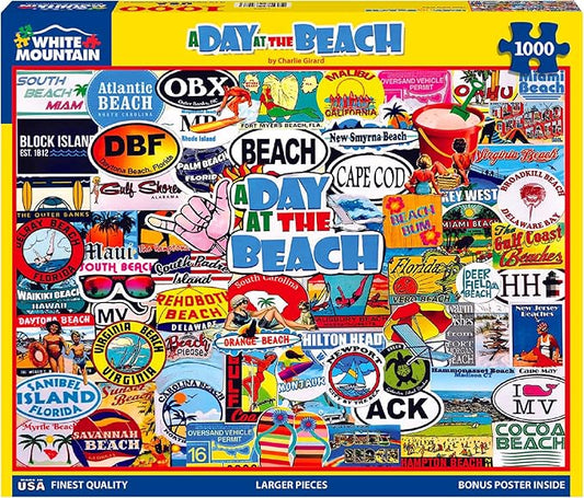 White Mountain 1000 Piece Jigsaw Puzzle Fun Summer Location Collage Puzzles with Large Pieces Gift for Adults and Family 24"x30" - A Day at The Beach