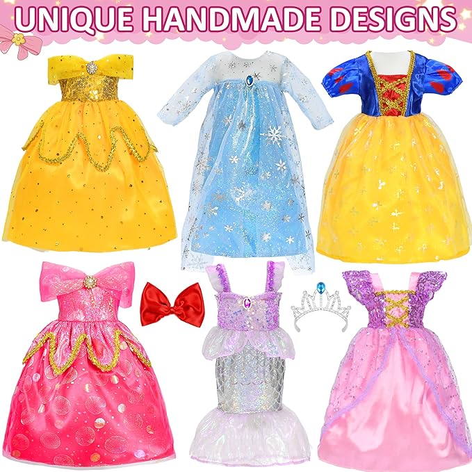 8 pcs American Doll Clothes Set for 18 inch Dolls, Doll Clothing Outfits Include 6 Different Princess Dresses, Crown, Hair Bow, Christmas Birthday Gift for Girls