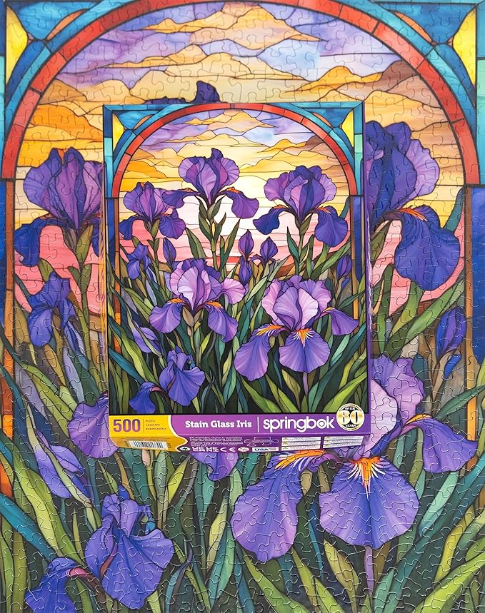 Springbok Stained Glass Iris 500 Piece Jigsaw Puzzle for Adults - Unique Cut Pieces - Made in USA