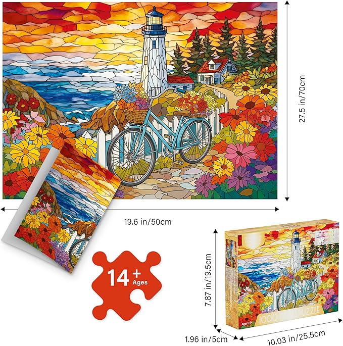 Puzzles for Adults 1000 Pieces Stained-Glass Lighthouse, Sunset Coastal Lighthouse Adults Puzzles Flowers Bike Letter on Back No Dust, Matte Finish Seaside Jigsaw Puzzles Home Decor, Gifts Games