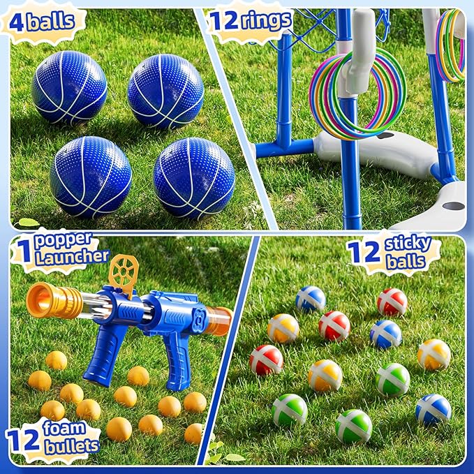 Pool Basketball Hoop, 4-in-1 Floating Pool Toys Ring Game with 4 Balls, Air Pump Launcher and Sticky Balls, Outdoor Swimming Pool Basketball Game Water Toy Family Party for Kids Age 3-12