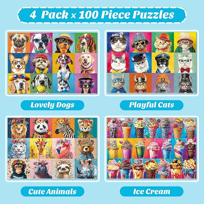 4-Pack 100 Piece Puzzles for Kids Ages 6-8 8-10 - Large Piece Puzzles for Adults Seniors Kids,Dogs Cats Ice Cream Animals Jigsaw Puzzle for Kids Ages 4-6,Learning Educational Toys Gifts for Boys Girls