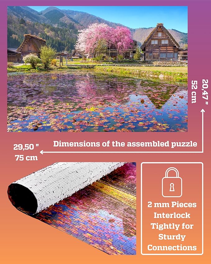 1000 Piece Puzzle for Adults - Scenic Village with Cherry Trees in Bloom, Gift-Ready Box, Letters on Back, 8 Jigsaw Puzzle Saver Sheets & Full-Size Poster by GERJATO - Ideal Gift for Loved Ones